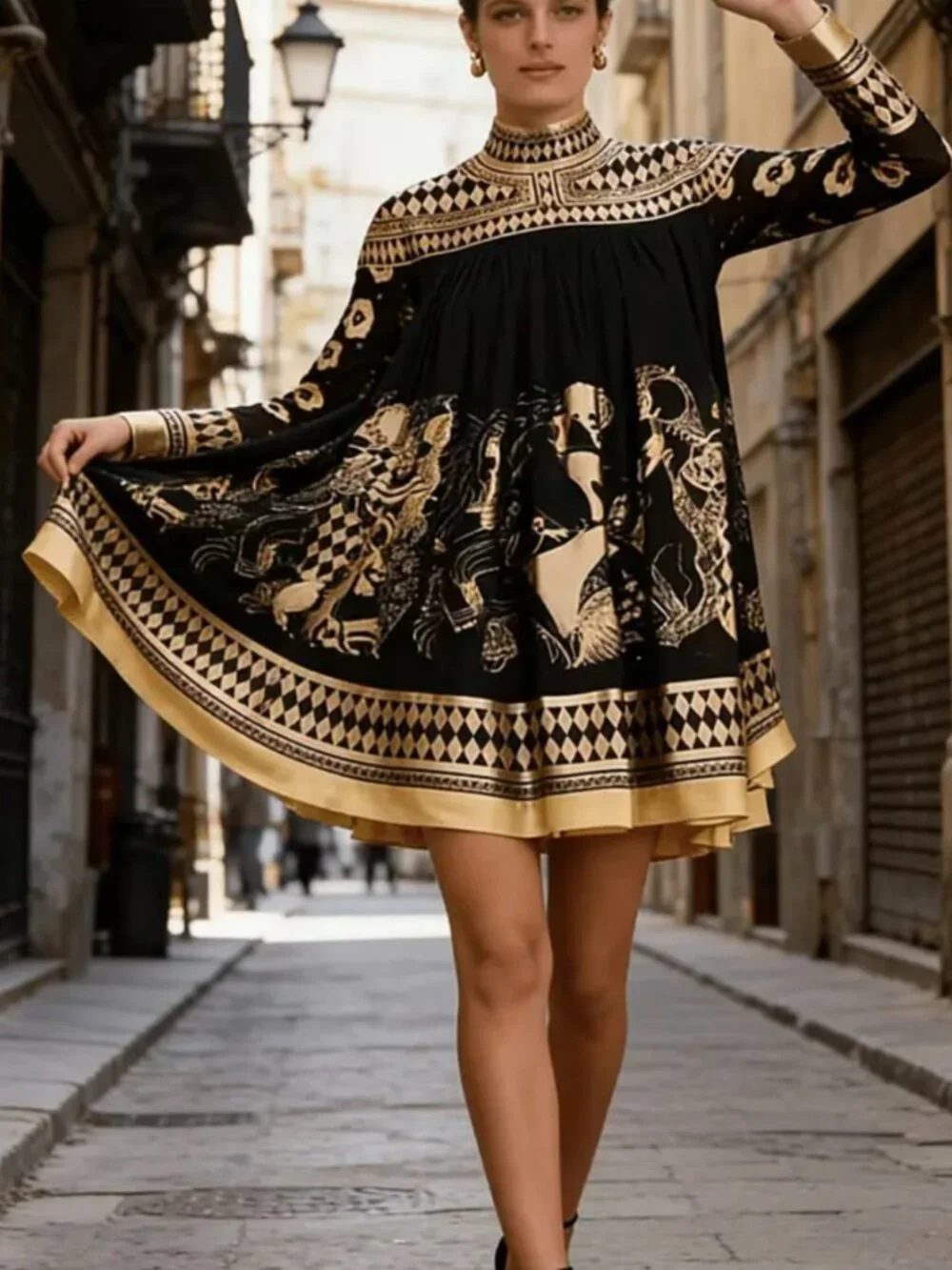 Women'S Bronze Ethnic Print Stand Collar Long-Sleeved Short Dress, Casual